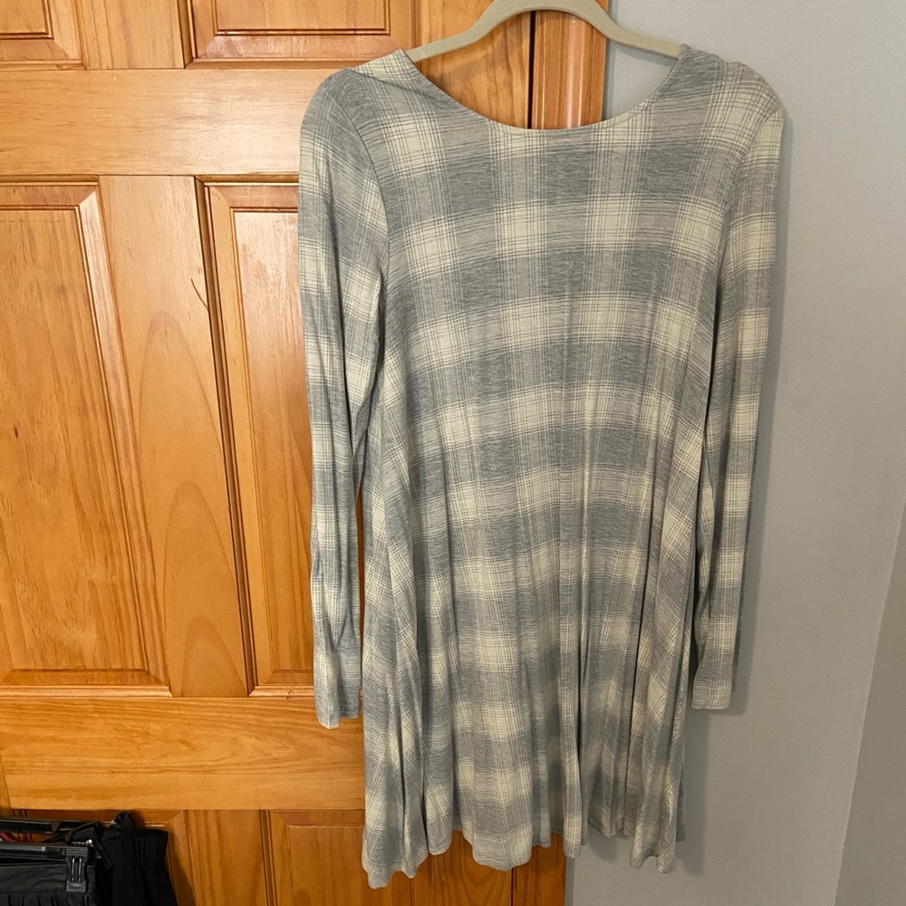 Plaid Long Sleeve Tee Shirt Swing Dress